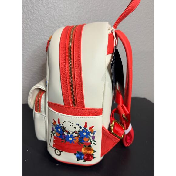 Loungefly Peanuts Snoopy Red White Embroidered Flowers Floral Mini Backpack NWT main image 4
